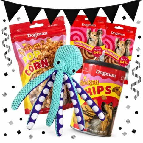 Glæd din hund med en hyggelig pakke med Dogman popcorn, kyllingechips, Spinner Treat Mix og Blæksprutten Charlie – til lækker forkælelse og leg