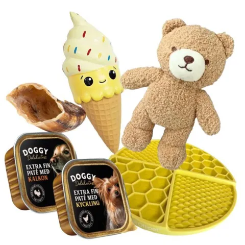 Forkælelsespakke til hvalpe med Teddy-bamse på 20 cm, isvaffel, gul Happy Doggy slikkemåtte, kalveklov og DOGGY vådfode