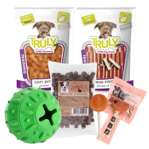 Pakketilbud til hvalpe med Dogman aktivitetsbold, Truly Chicken Training Bites, Mini Puppy Strips, Snack’it Softies og Lollipop