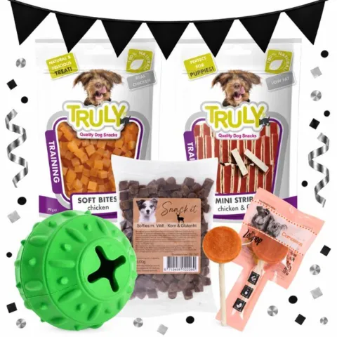Hvalpepakke med Dogman aktivitetsbold, tre poser godbidder og Companion Lollipop med oksekød, vist med Black November-flagguirlande