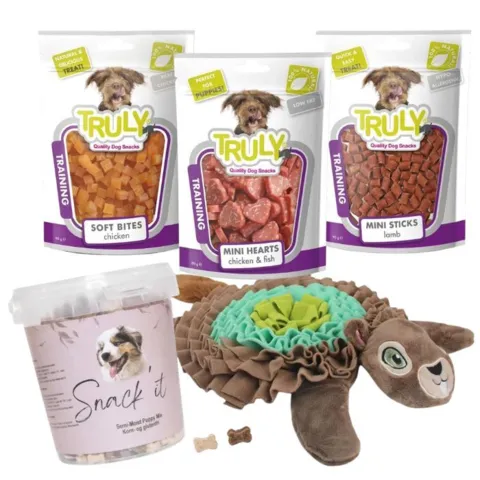 AFP Egon Egern snusemåtte med Snack’it Puppy Mix, Truly Chicken Training Bites, Puppy Mini Hearts og Mini Sticks med lam