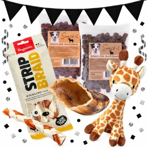 Hyggepakke til hunde med Dogman tyggefletninger, to poser Softies, kalveklov og Sally-girafbamse, vist med Black November-flagguirlande