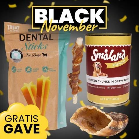 Gratis Black November gave til hund med Småland vådfoder, kalveklov og Treateaters tyggesnacks