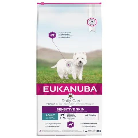 Eukanuba Daily Care Sensitive Skin 12kg hundefoder med fisk. Perfekt til hunde med følsom hud og behov for skånsom kost