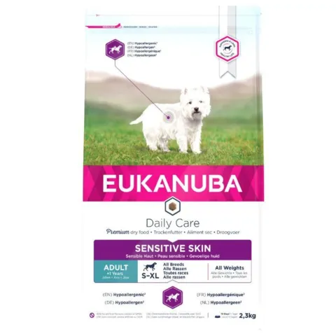 Eukanuba Daily Care Sensitive Skin 2,3kg hundefoder med fisk. Velegnet til voksne hunde af alle racer med særlige behov