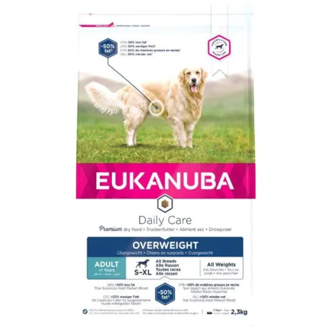 Eukanuba Daily Care Overweight 2,3kg hundefoder med mindre fedt. Ideelt til vægtkontrol hos voksne hunde af alle racer