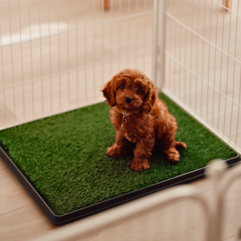 Doodlehvalp på hundetoilet