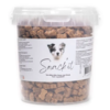 Semi-moist mini bones med struds til hunde. Korn- og glutenfri træningsgodbidder i praktisk bøtte til daglig brug
