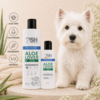 PSH Aloe Lover fugtgivende og parabenefri shampoo med aloe vera til hundens pels – vist sammen med en West Highland White Terrier