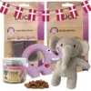 Hvalpepakke med Treateaters andegodbidder, Ollipet latexelefant og elefantbamsen Bobo på 20 cm.