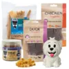 Forkælelsespakke til hunde med Treateaters Mini Bits med fisk, Duck og Chicken Nuggets, naturlige Buffalo Chips og Ollipet Happy Puppy Ollie på hvid baggrund