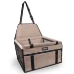 Beige autostol til små hunde med net-sider og justerbar strop.