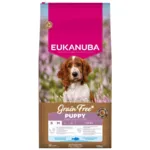 Eukanuba Grain Free Puppy 12kg hvalpefoder med havfisk. Kornfri ernæring til små og mellemstore hvalpe med fokus på sund udvikling