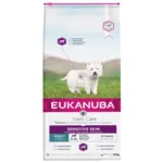 Eukanuba Daily Care Sensitive Skin 12kg hundefoder med fisk. Perfekt til hunde med følsom hud og behov for skånsom kost
